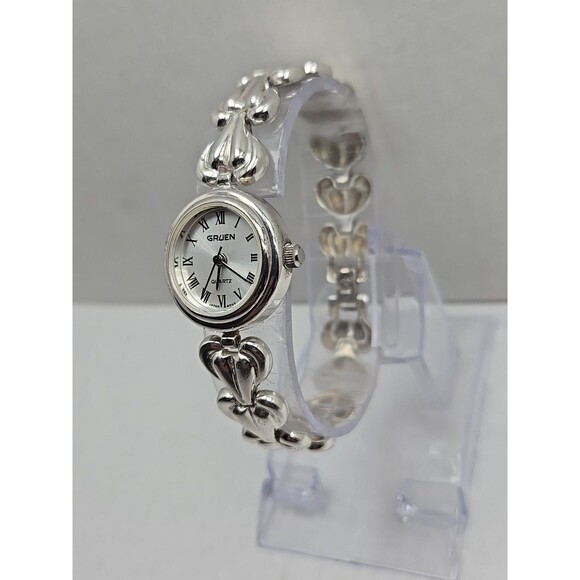 Vintage Gruen 925 Sterling Silver Heart Bracelet Quartz Watch Womens New Battery - Picture 2 of 11